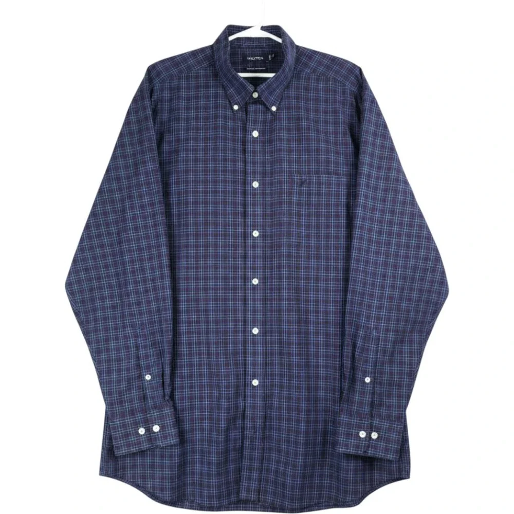 Nautica Button Down Shirt Men's 3XLT Blue Plaid Wrinkle Resistant MR1351
